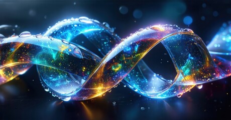 Leinwandbilder - Bright swirling ribbon, vibrant colors, water droplets. Dynamic energy, futuristic design, captivating visual effect.