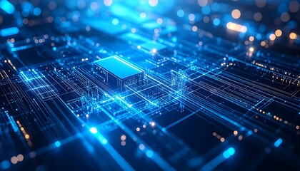 Poster - Futuristic Circuit Board Glowing Blue Lines  Tech Abstraction Digital Transformation.