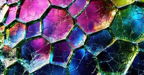 Poster - Fractured surface displays vibrant colors. Hexagonal patterns dominate composition, creating abstract mosaic effect. Brightness contrasts with dark background.