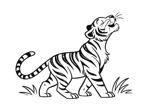 Cute tiger black and white vector illustration isolated on white. Clipart for nursery poster, t-shirt print, kids apparel