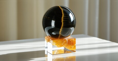 Leinwandbilder - Black sphere rests upon orange crystal base. Light creates shadows, highlighting textures, form. Minimalist composition, elegant display.