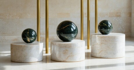 Poster - Minimalist display. Dark spheres rest atop light marble pedestals. Golden pillars provide backdrop. Clean lines, elegant composition.