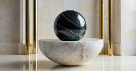 Poster - Marble sphere rests atop bowl. Gold columns frame scene. Light reflects off polished surfaces, creating elegant display.