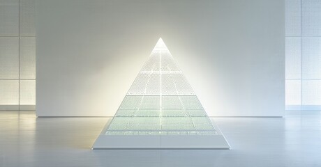 Poster - Minimalist pyramid sculpture dominates bright, spacious gallery. Clean lines, white surfaces create serene atmosphere. Light emphasizes geometric form.