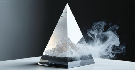 Poster - Glass pyramid contains small rocks, emitting smoke. Minimalist studio shot, dark background, dramatic lighting creates intriguing visual.