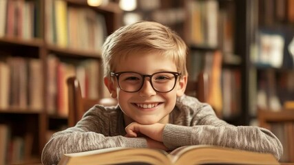 Aufkleber - Happy young student wearing eyeglasses smiles while engrossed in a book inside the school library, surrounded by towering bookshelves filled with literature and knowledge