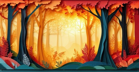Aufkleber - Papercraft forest scene. Warm colors dominate, creating depth. Trees, foliage, sunlight visible. Artistic, layered design.