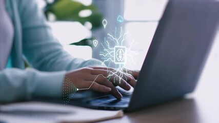 Poster - Hands typing on laptop with AI digital interface overlay, symbolizing artificial intelligence integration, big data analytics, and smart technology in daily work and personal life.