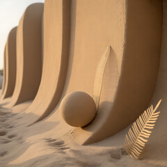 Poster - Abstract architecture with sand sphere and decorative leaves in a desert landscape