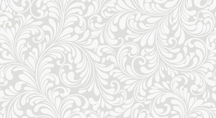 Poster - Seamless elegant ornate white floral pattern background with intricate swirling organic elements on light grey versatile decorative design for textiles wallpaper paper print