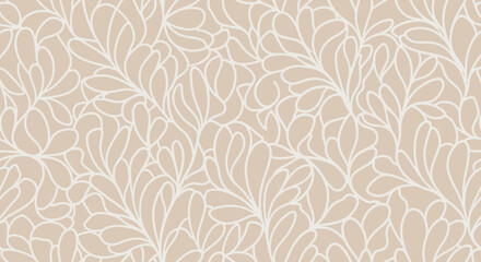 Poster - Elegant abstract seamless pattern with flowing organic shapes resembling stylized leaves or feathers in white outline on a light beige background perfect for textile wallpaper