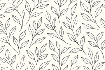 Poster - Elegant botanical hand drawn seamless pattern minimal black outline leaves light background perfect for textile wallpaper packaging wrapping paper surface decoration branding