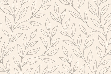 Poster - Seamless Pattern Elegant Botanical Vines Leaves Minimalist Line Drawing Style Neutral Organic Design Texture Wallpaper Fabric Print Backgrounds