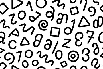 Poster - Seamless Abstract Pattern Hand Drawn Black White Shapes Numbers Letters Symbols Creative Design Background Educational Graphic Print Wallpaper Simple Doodle Minimalist Style