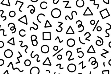 Poster - Minimalist Clean Seamless Monochrome Abstract Geometric Doodle Line Art Pattern With Hand Drawn Circles Triangles Squares Wavy Lines Numbers And Symbols For Modern Graphic Design