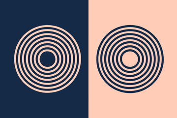 Poster - Symmetrical minimalist digital art illustration abstract geometric pattern design showcasing dual concentric circle ring shapes set against soothing dark blue and light pink high
