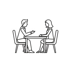Fototapete - Simple black and white outline illustration showing a business meeting between a male and female professional discussing ideas across a table design element communication concept
