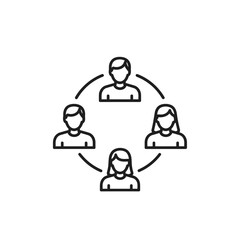 Poster - Minimalist vector line icon illustration featuring four diverse individuals linked in a circular network formation symbolizing teamwork collaboration community relationship