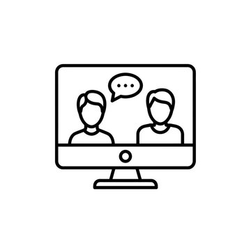 Professional minimalist outline icon representing remote online video communication between two people on a computer screen symbolizing virtual meeting telehealth telemedicine