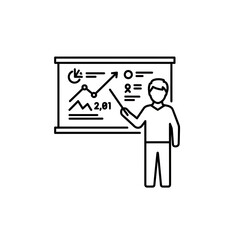 Poster - Outline icon illustration depicting a business professional giving a presentation on a whiteboard showing a graph representing financial growth analysis and strategic planning