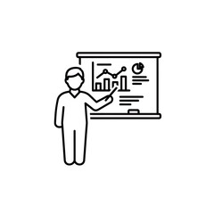 Poster - Simple line art icon illustration of a person presenting business data analysis using charts and graphs on a display ideal for educational and corporate training content