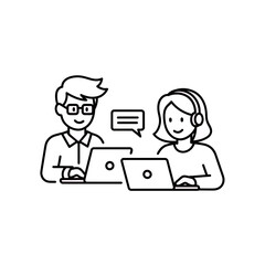Fototapete - Minimalist Line Art Icon Illustrating Online Communication Collaboration Working Together Remotely with Laptops and Headsets for Business or Customer Support Helpdesk