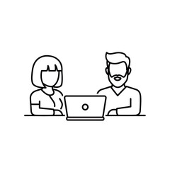 Fototapete - Two people collaborating online using a laptop computer illustration representing digital teamwork and modern e-learning partnership concept vector graphic line art style