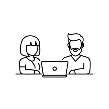 Two people collaborating online using a laptop computer illustration representing digital teamwork and modern e-learning partnership concept vector graphic line art style