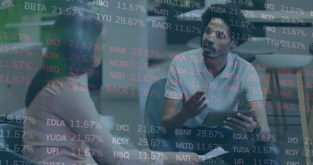 Poster - Business consultant swiping tablet and analyzing finance ticker overlay while colleague nodding