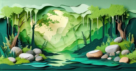 Aufkleber - Papercraft forest scene. Lush greenery, river flows through layered hills. Sunlight filters, creating serene atmosphere. Peaceful nature illustration.