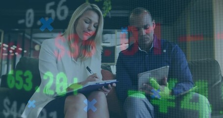 Poster - female coworker tapping tablet and male taking notes in lounge, causing drifting finance charts