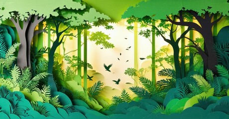 Aufkleber - Lush forest scene. Paper cut style illustration depicts dense foliage, trees, birds flying toward light source. Green dominates composition.