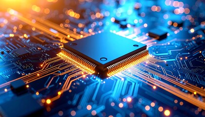 Poster - Glowing CPU Chip Futuristic Tech Concept with Circuit Board in Blue  Orange Lights.
