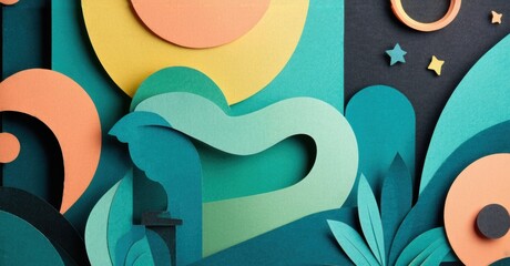 Fototapete - Papercraft illustration depicts bird silhouette amidst abstract shapes, stars, foliage. Colors include teal, peach, yellow, dark blue.