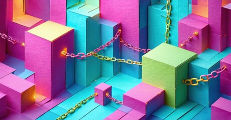 Leinwandbilder - Abstract geometric shapes, vibrant colors, glowing chains create surreal isometric composition. Bright pinks, blues dominate scene.