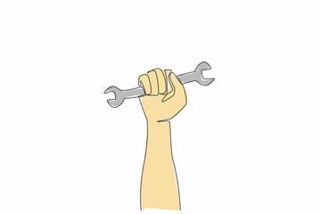 Poster - Single continuous line drawing clenched fist and holding a wrench. Spirit of struggle. Workers demand equal rights. Momentum to remember the history. May Day. One line design vector illustration