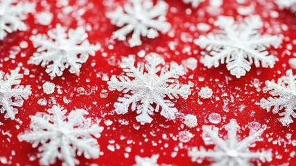 Poster - Close-up shot of intricate snowflakes on a bright red background, ideal for winter-themed designs and decorations