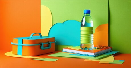 Aufkleber - Bright papercraft scene. Lunchbox, bottle, notebook present. Vivid colors create playful composition. Simple shapes, flat design.