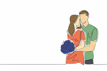 Poster - Continuous one line drawing husband hugging wife from behind and wife holding a bouquet of flowers. Simple but very meaningful. Couple Appreciation Day. Single line draw design vector illustration