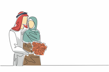 Poster - Continuous one line drawing husband hugging wife from behind and wife holding a bouquet of flowers. Love as fragrant as roses. Couple Appreciation Day. Single line draw design vector illustration