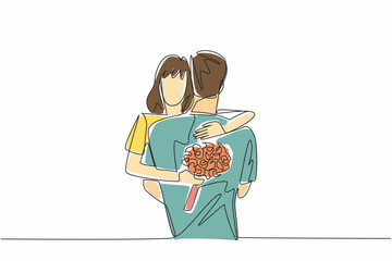 Poster - Single continuous line drawing husband and wife hugging with wife carrying a bouquet of flowers. Expression of deepest affection. Love. Couple Appreciation Day. One line design vector illustration