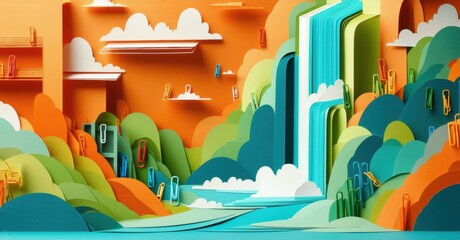 Fototapete - Papercraft landscape. Orange, teal hues dominate. Abstract forms suggest hills, water, sky. Unique artistic style, vibrant colors.