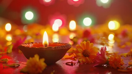 Poster - A lit candle surrounded by fresh flowers on a wooden table