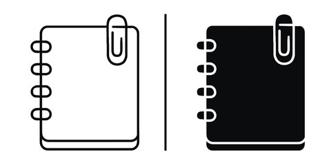 Poster - Notebook Icon: A minimalistic graphic featuring a notebook with a binder and paperclip, presented in both line art and filled-in versions.