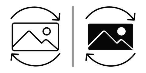 Poster - Image Rotation Icon: An illustrative representation of image rotation, with a landscape image and circular arrows depicting the action in both outlined and filled styles.