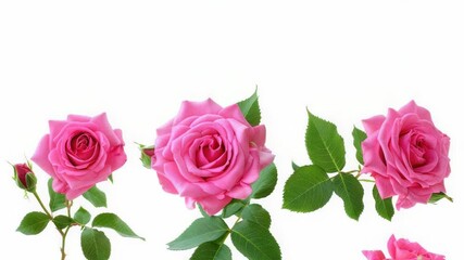 Poster - Fresh pink roses with green leaves on stems, great for floristry or decorative purposes