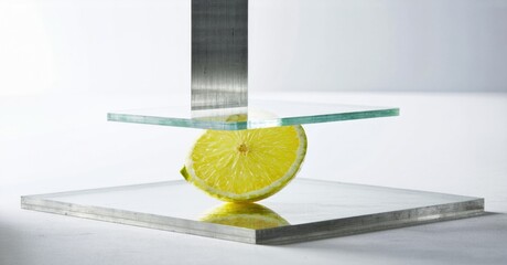 Poster - Lemon slice compressed between glass plates. Metal supports structure. Minimalist studio shot, bright lighting, clean aesthetic. Focus on texture, pressure, fragility.