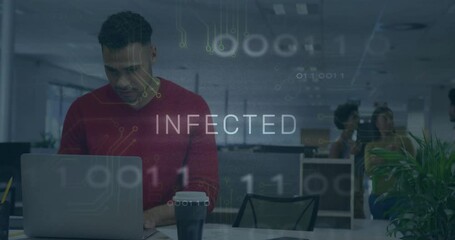 Poster - IT professional typing laptop causing binary code revealing INFECTED overlay alerting infection