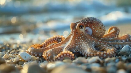 Poster - Close-up of an octopus crawling on the sandy beach