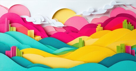 Leinwandbilder - Colorful papercraft landscape. Rolling hills, sun, clouds create whimsical scene. Bright hues, layered design offer playful aesthetic.